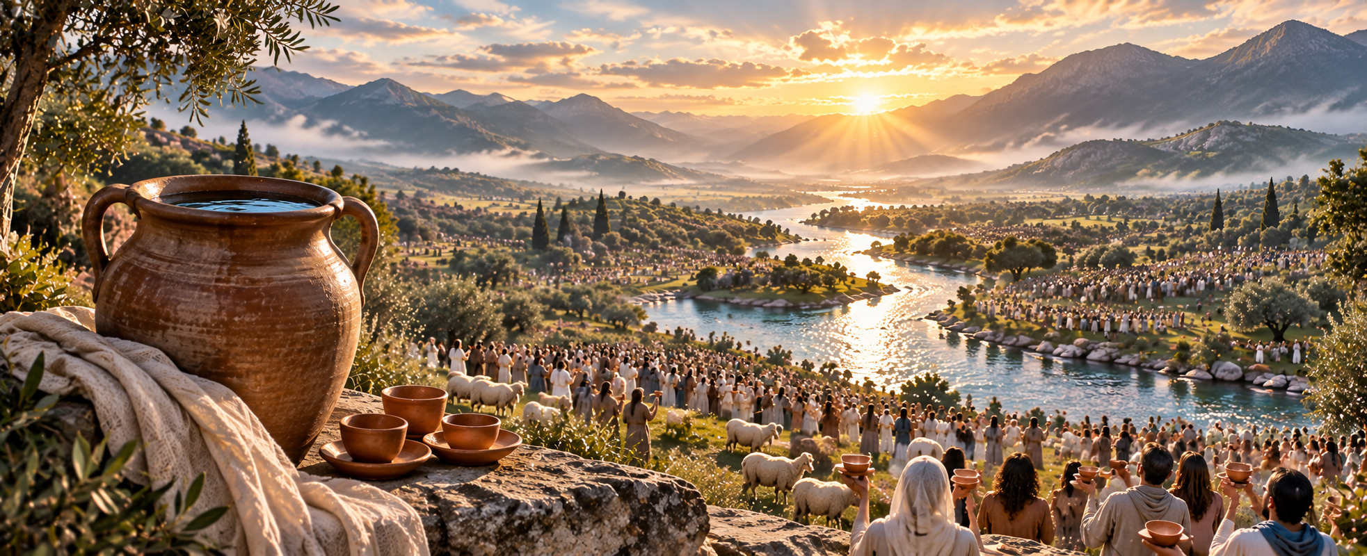A great gathering at the river below the hillside at sunrise: sheep on the pasture, cups raised, the valley shining
