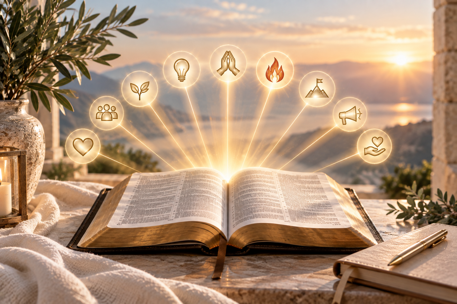An open Bible radiating light, seven gifts rising from its pages