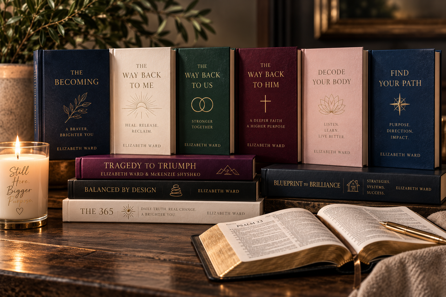 The Be Your Best Self library on the shelf: The Becoming, The Way Back to Me, Us and Him, Decode Your Body, Find Your Path, Tragedy to Triumph, Balanced by Design, The 365, and Blueprint to Brilliance, beside an open Bible