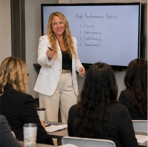 Elizabeth Ward teaching high performance habits at a whiteboard