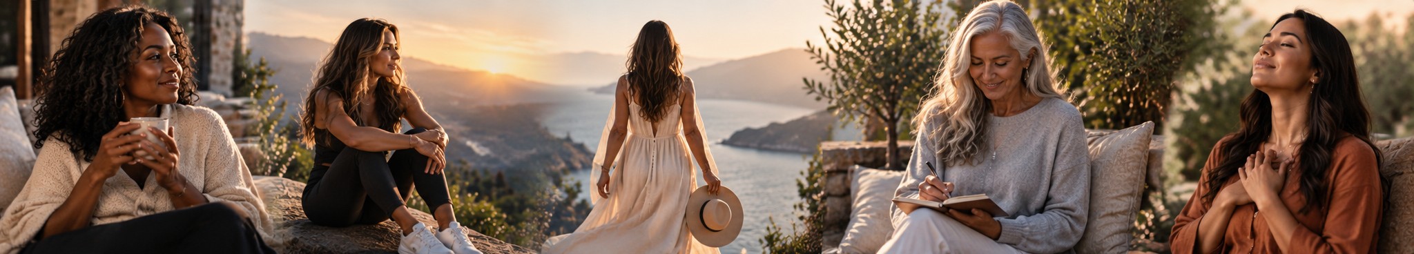 Women in every season: resting, reflecting, journaling, breathing at golden hour