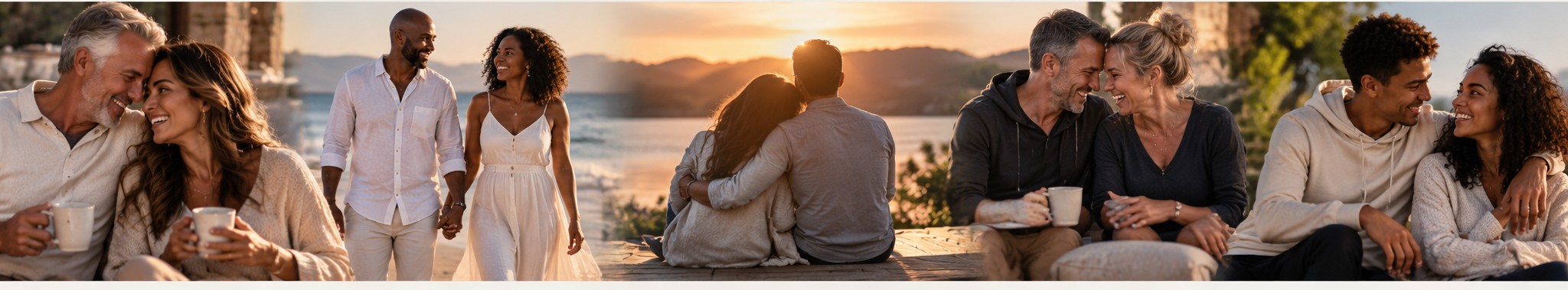 Couples of every age leaning in, laughing, and finding each other again at sunset
